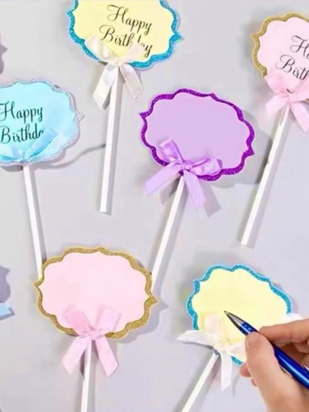 💞 New Pack of 10 Cream & Blue Glitter Happy Birthday Cupcake & Cake Toppers